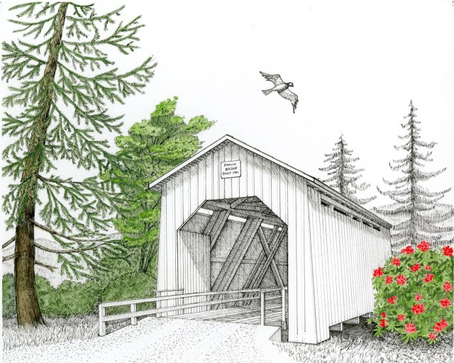 Parvin Covered Bridge pen and ink drawing