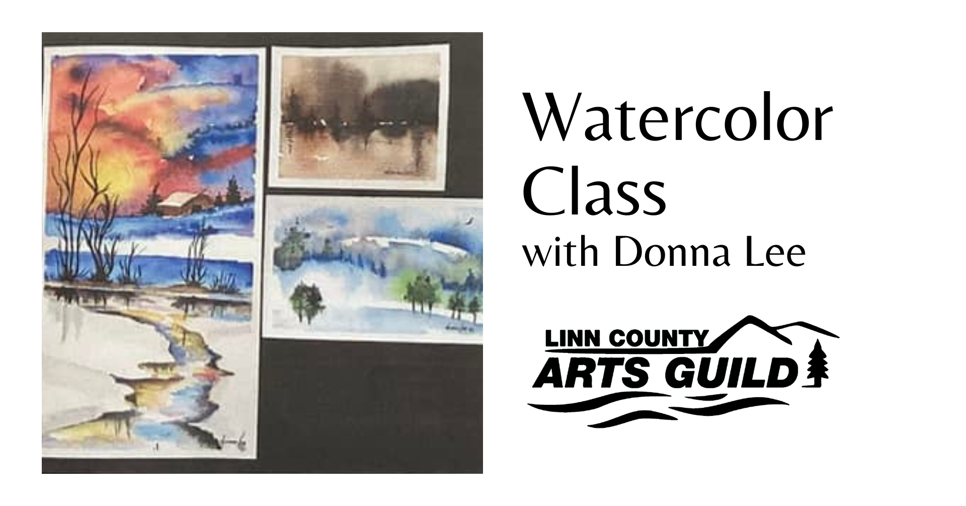 Advertisement for watercolor class by Donna Lee at Linn County Arts Guild