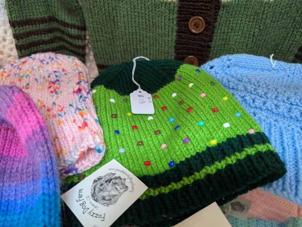 A close-up of knit hats